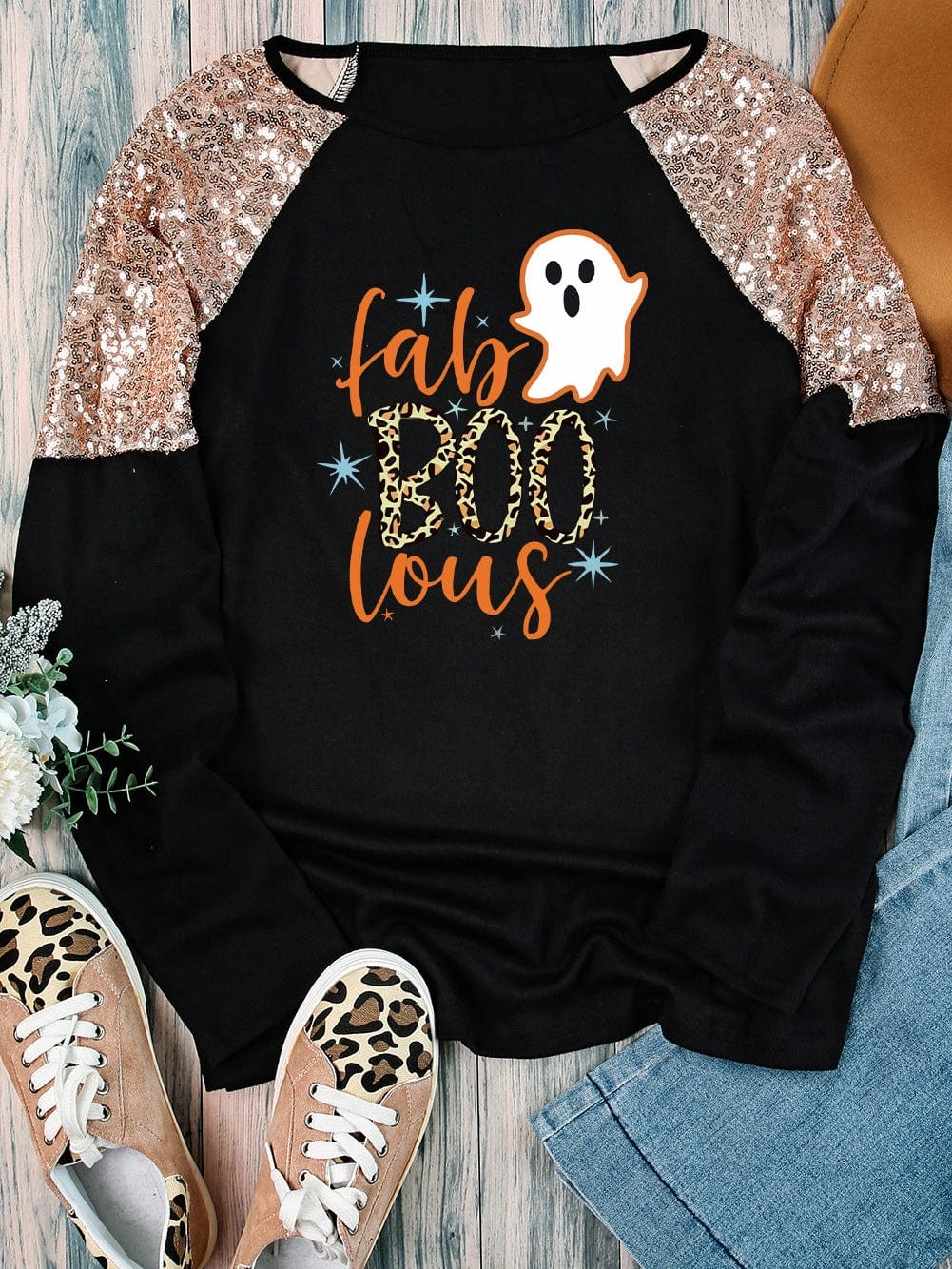 Halloween Leopard Boo Ghost Sequin Graphic Raglan Top