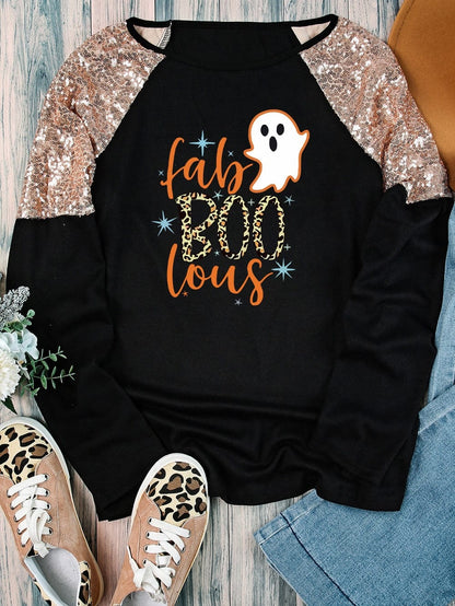 Halloween Leopard Boo Ghost Sequin Graphic Raglan Top