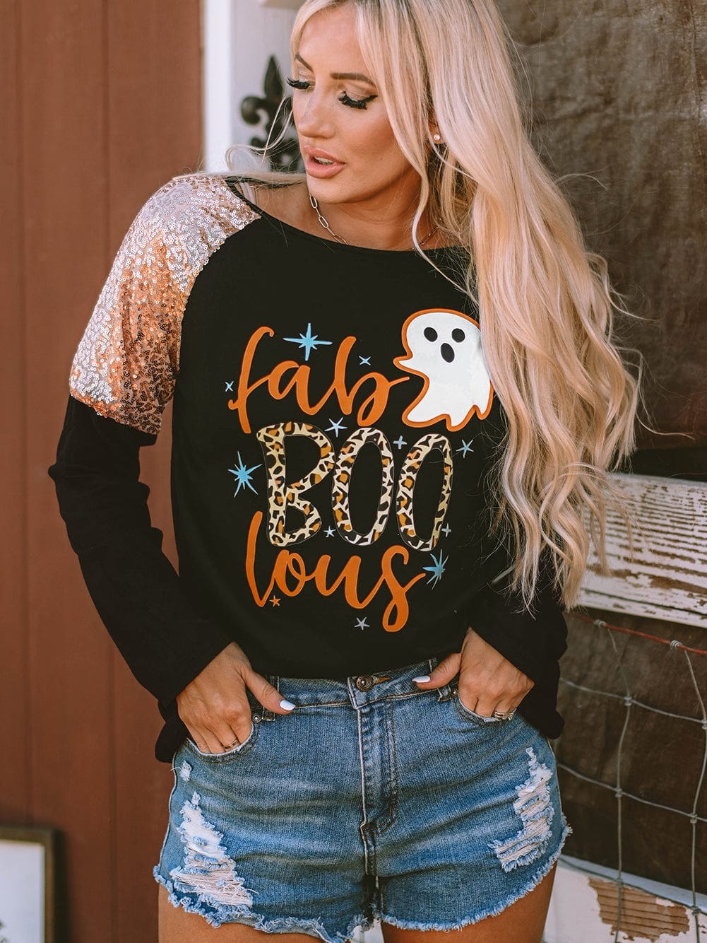 Halloween Leopard Boo Ghost Sequin Graphic Raglan Top