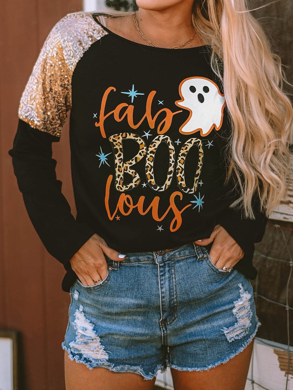 Halloween Leopard Boo Ghost Sequin Graphic Raglan Top