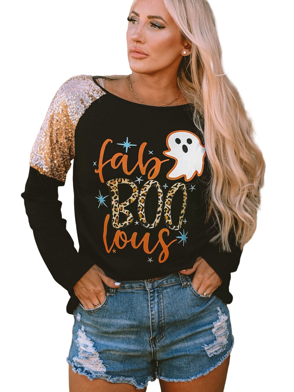 Halloween Leopard Boo Ghost Sequin Graphic Raglan Top