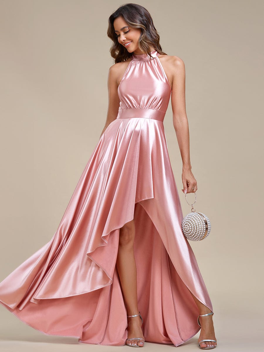 Halter Neck Stain Bridesmaid Dresses - Elegant High Low Design