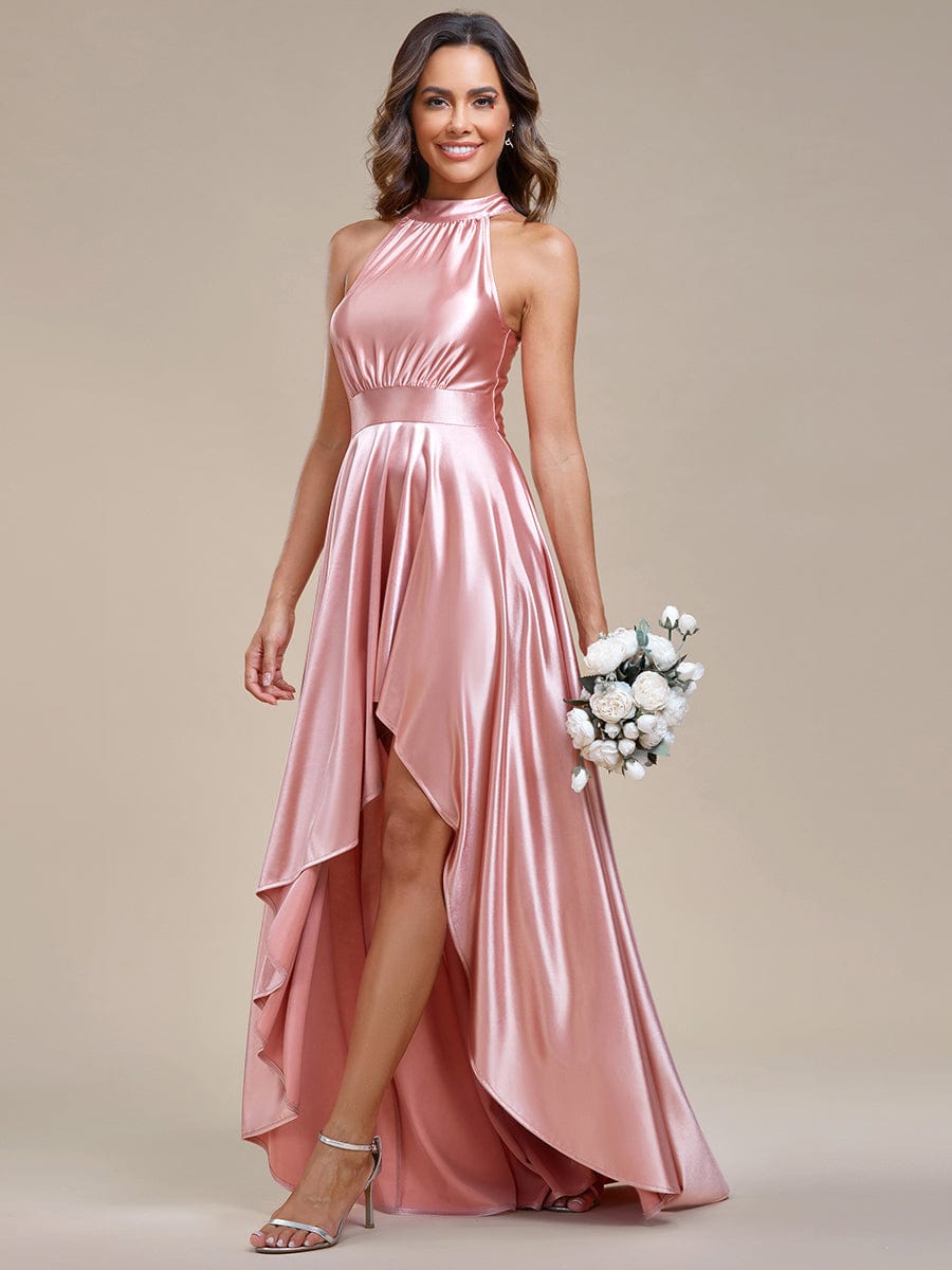 Halter Neck Stain Bridesmaid Dresses - Elegant High Low Design