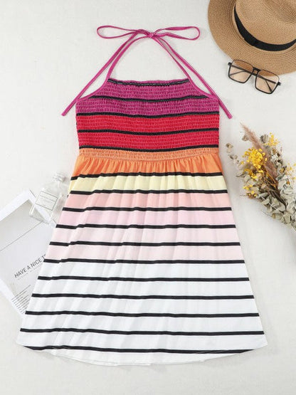 Halterneck Rainbow Striped Suspender Skirt - Short Sleeveless Gradient Dress