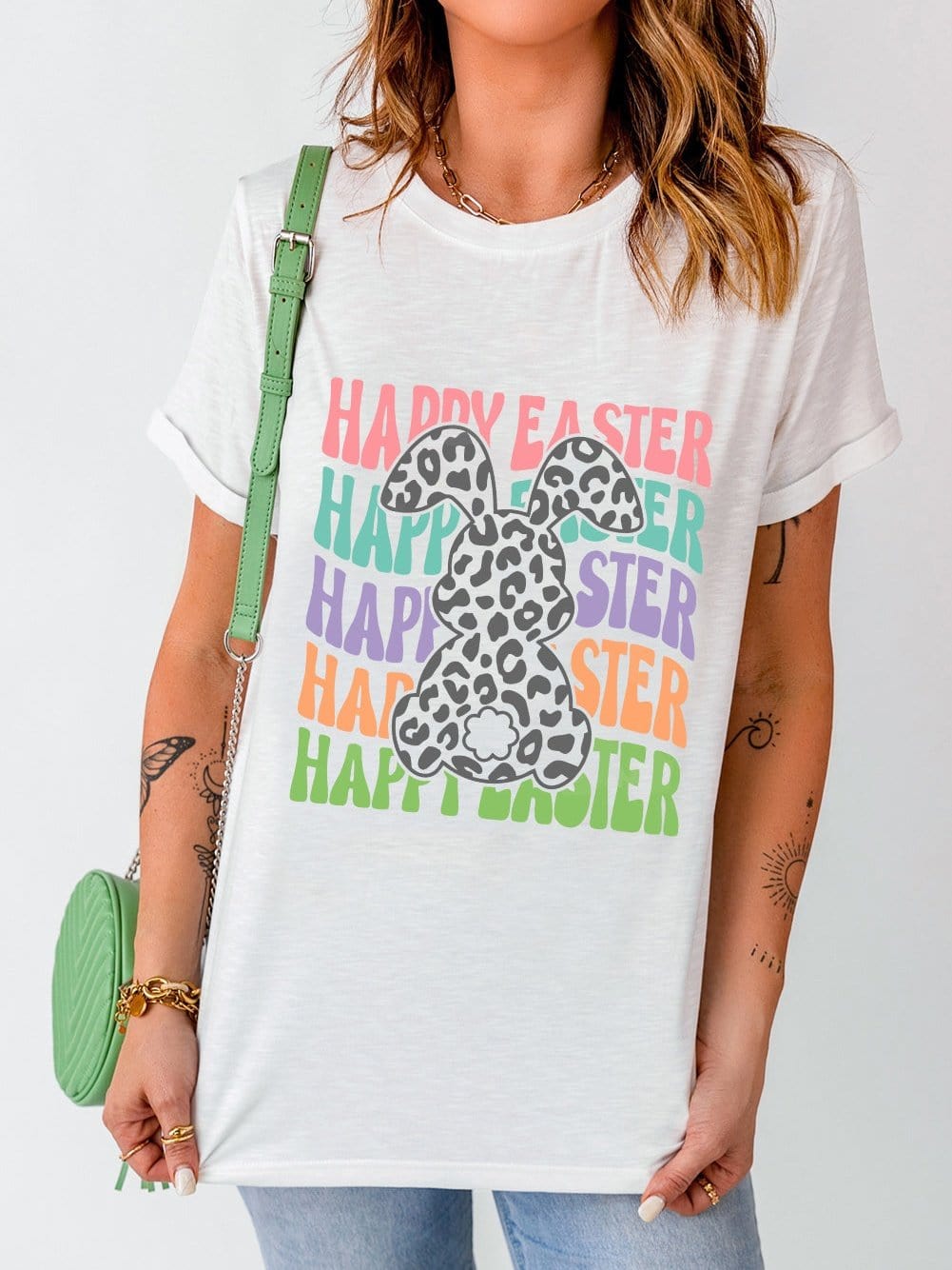 Happy Easter Rabbit Graphic Tee with Leopard Details