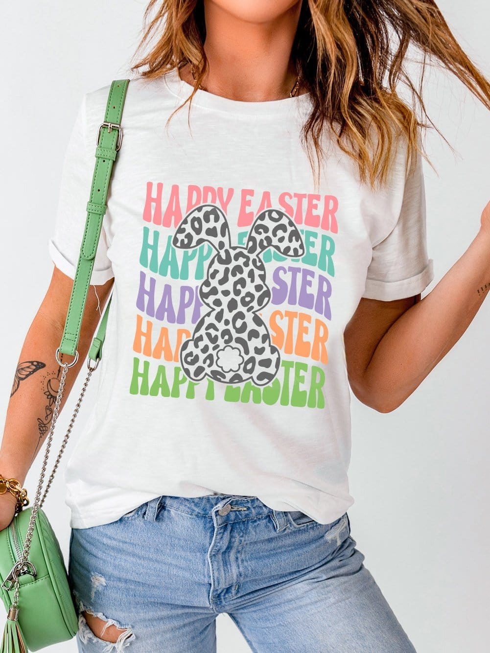 Happy Easter Rabbit Graphic Tee with Leopard Details
