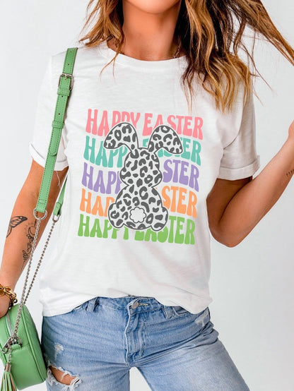 Happy Easter Rabbit Graphic Tee with Leopard Details