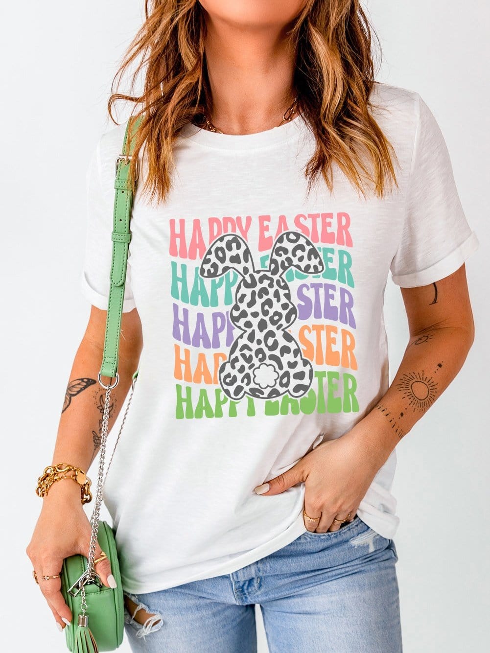 Happy Easter Rabbit Graphic Tee with Leopard Details