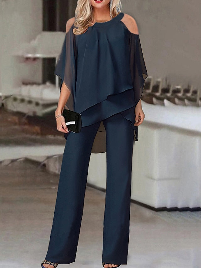 Jumpsuits for Women Summer Dressy Solid Color Round Neck Business Party Office Elegant  Straight Regular Fit Half Sleeve Cold Shoulder Navy Blue S M L - LuckyFash™