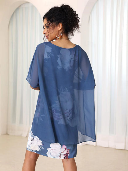 Women's Chiffon Cover Up Tank Dress Set Floral Print Crew Neck Midi Dress Elegant Formal Party Sleeveless Summer