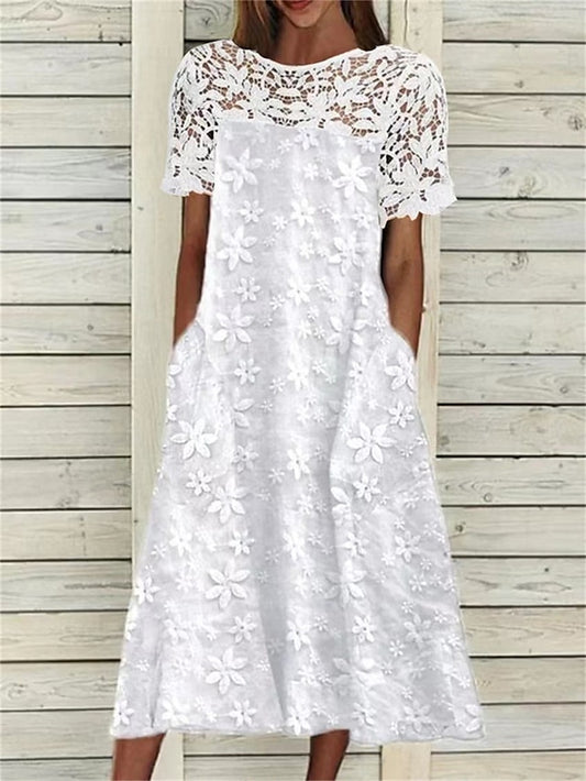 Women's Dress - Casual Dress Lace Dress White Dress Floral Lace Pocket Crew Neck Lace Sleeve Midi Dress Fashion Basic Outdoor Street Short Sleeve Loose Fit White Summer Spring S M L XL XXL