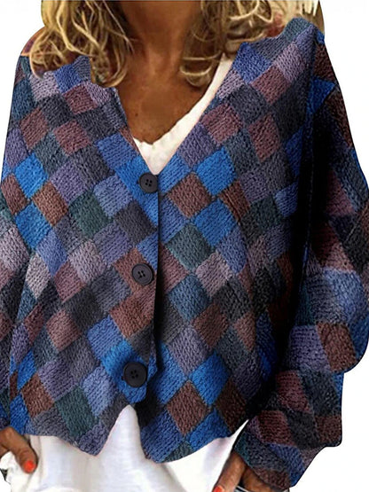 Women's Casual Jacket Street Daily Wear Vacation Fall Winter Regular Coat V Neck Loose Fit Windproof Breathable Stylish Sporty Chic & Modern Jacket Long Sleeve Stripes and Plaid Print Red Blue Green