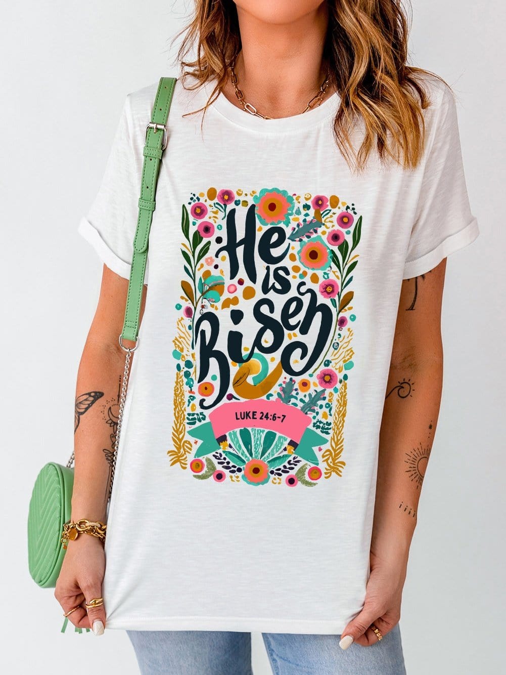 He Has Risen White Floral Round Neck Tee