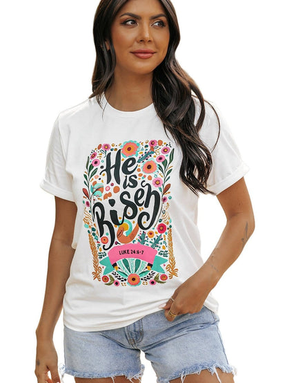 He Has Risen White Floral Round Neck Tee