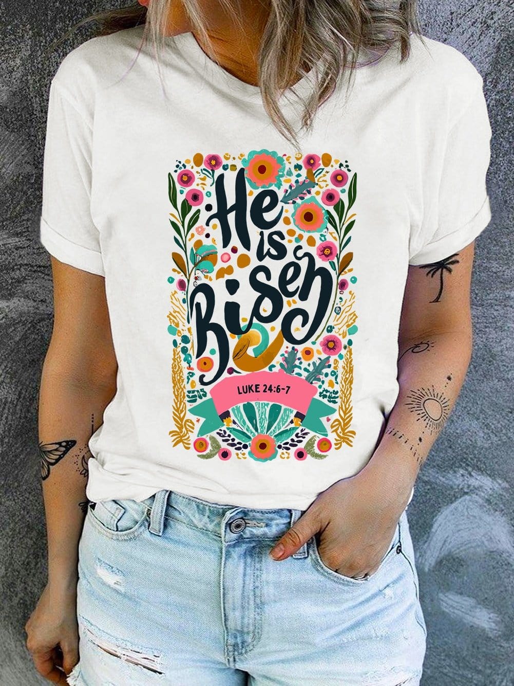 He Has Risen White Floral Round Neck Tee