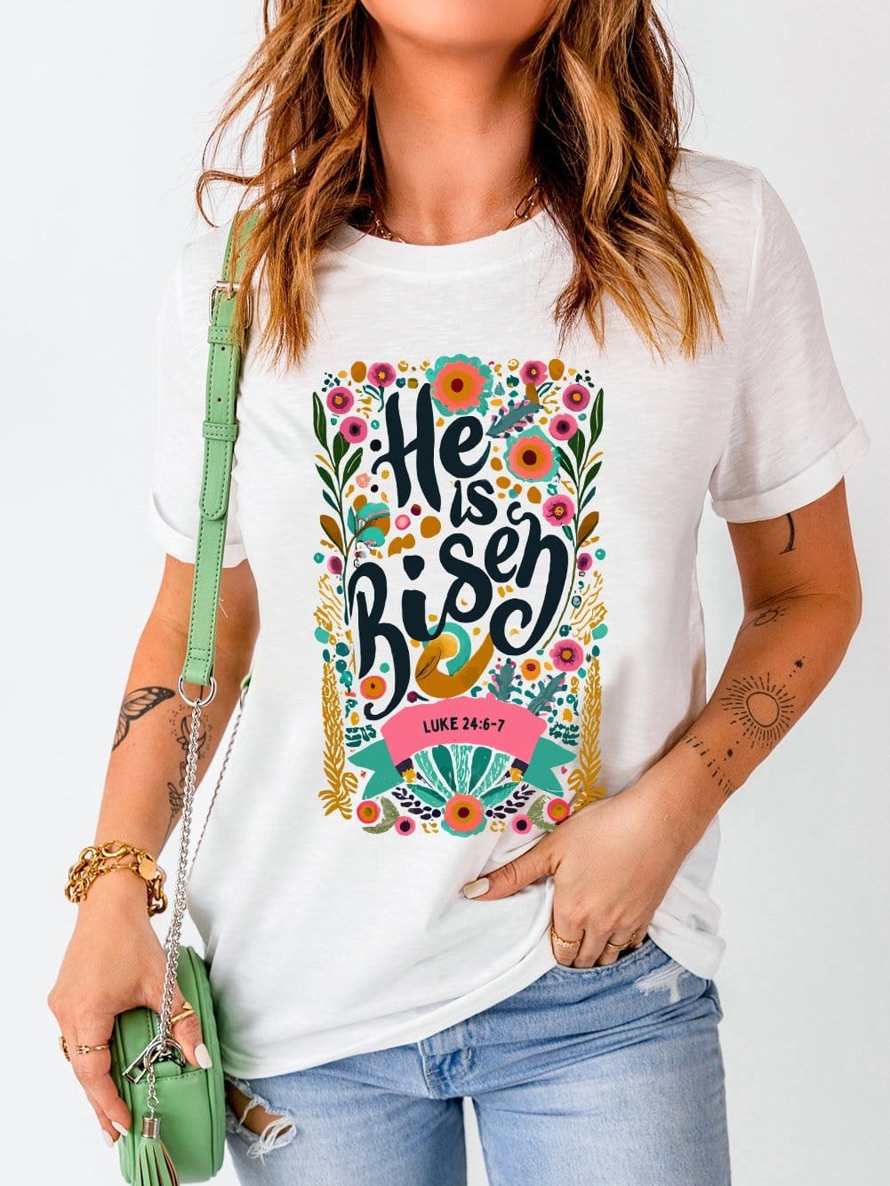He Has Risen White Floral Round Neck Tee