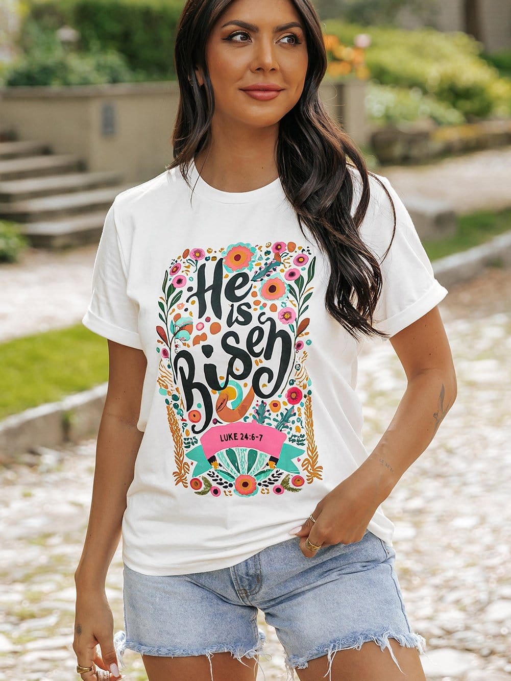 He Has Risen White Floral Round Neck Tee