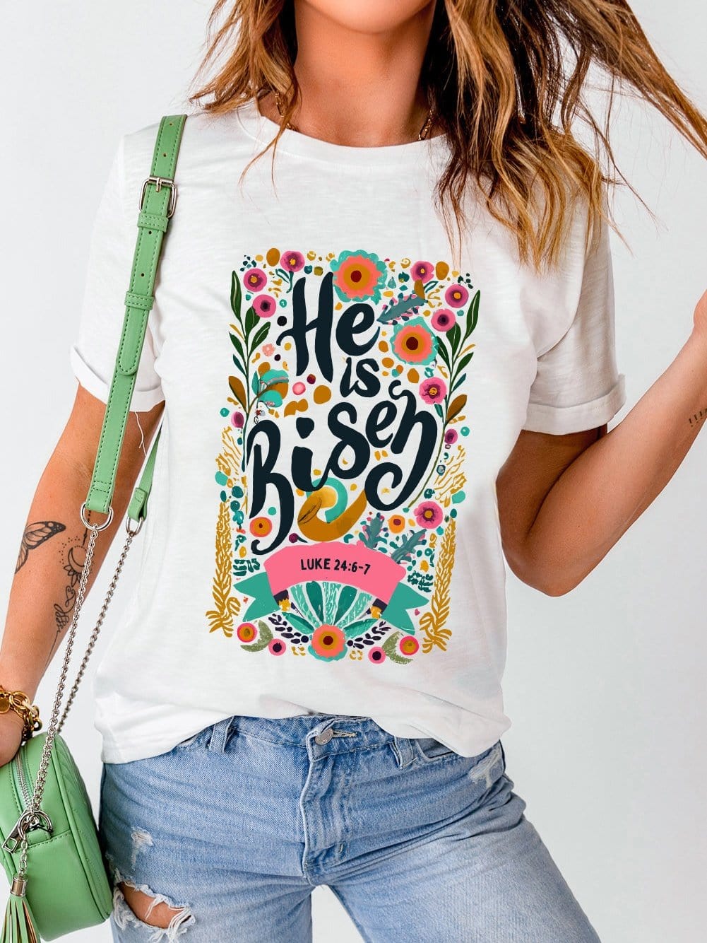 He Has Risen White Floral Round Neck Tee