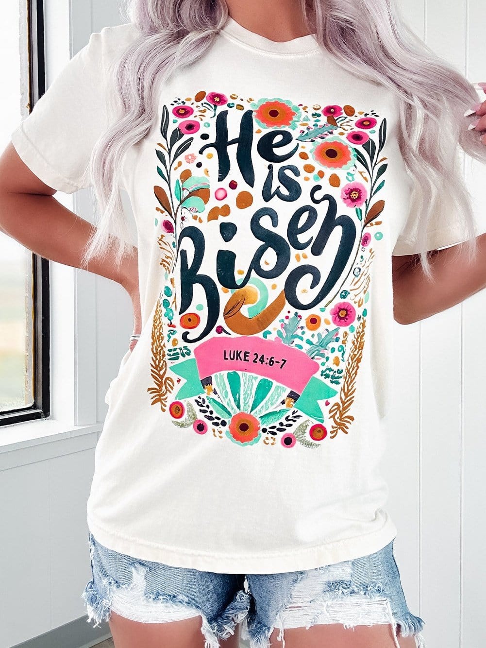 He Has Risen White Floral Round Neck Tee