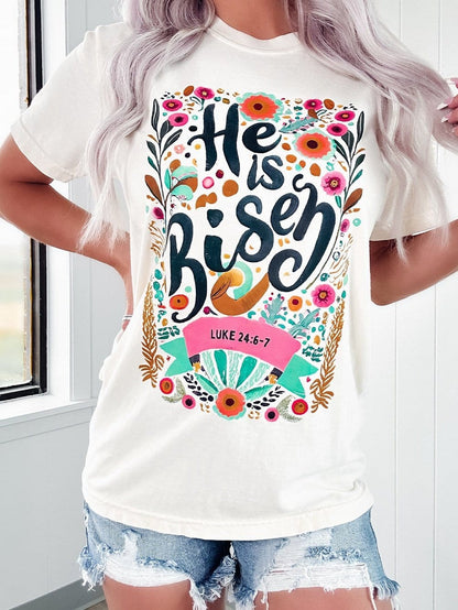 He Has Risen White Floral Round Neck Tee