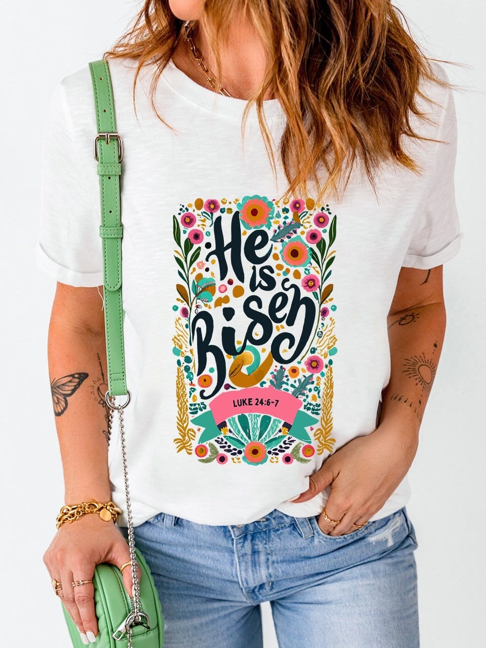 He Has Risen White Floral Round Neck Tee
