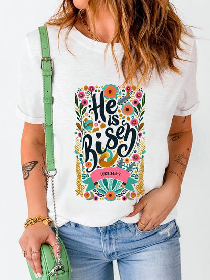 He Has Risen White Floral Round Neck Tee