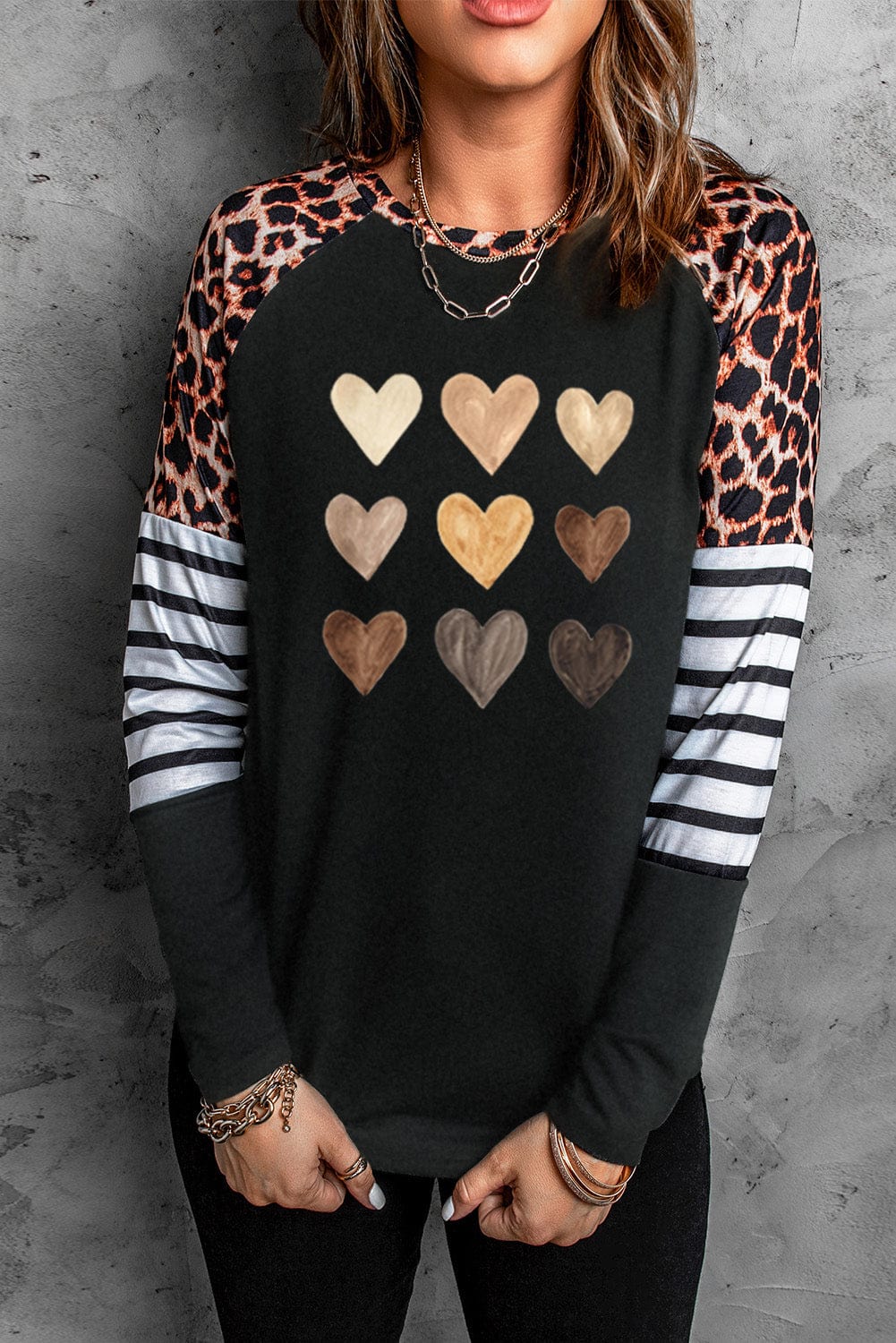 Heart Print Black Leopard Striped Top