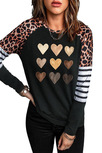 Heart Print Black Leopard Striped Top