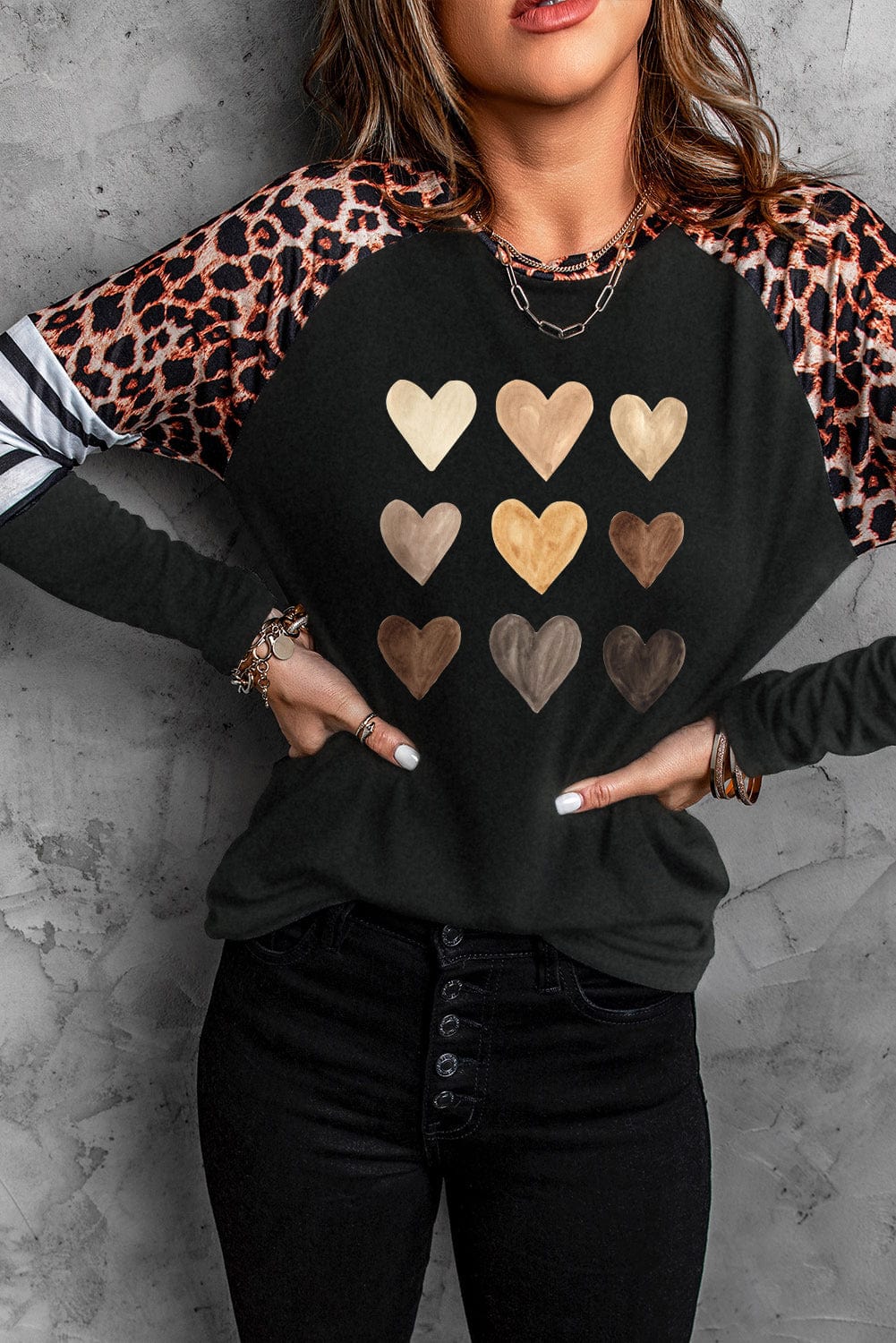 Heart Print Black Leopard Striped Top