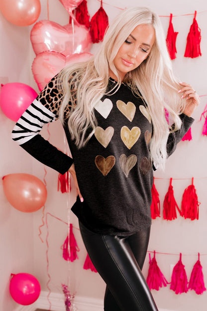 Heart Print Black Leopard Striped Top