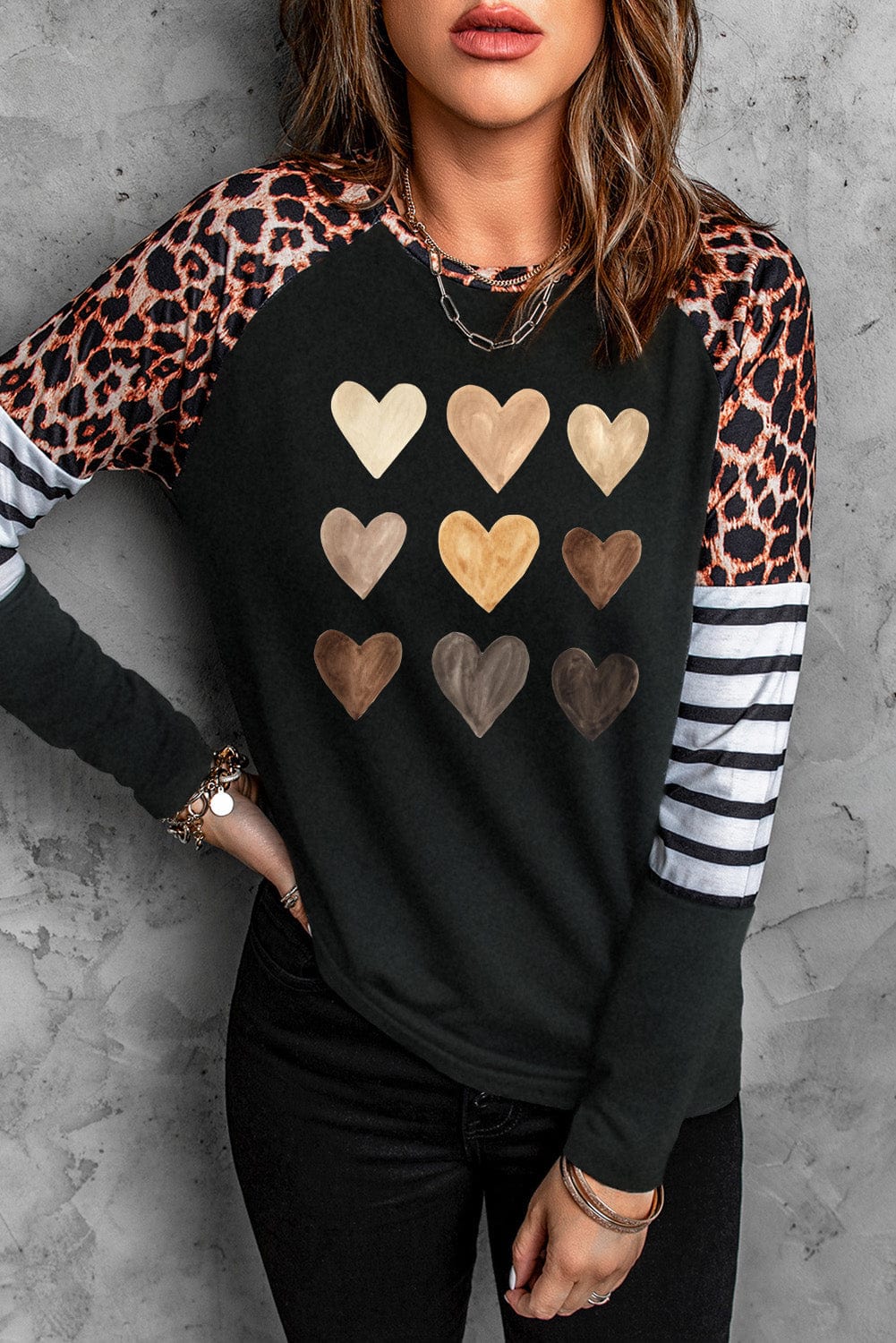 Heart Print Black Leopard Striped Top