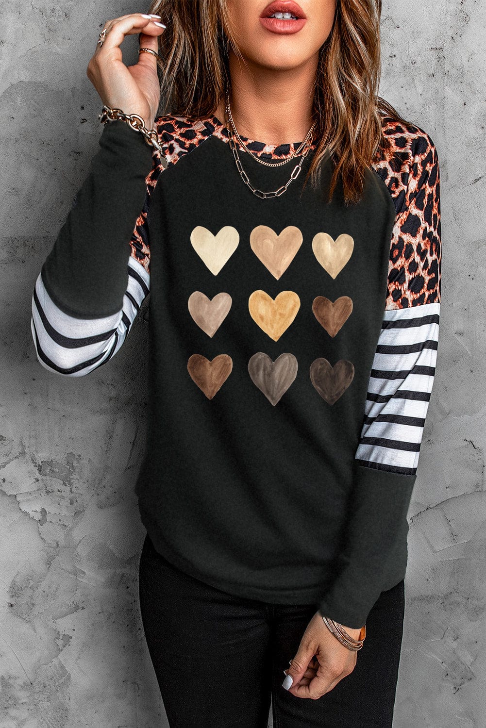 Heart Print Black Leopard Striped Top