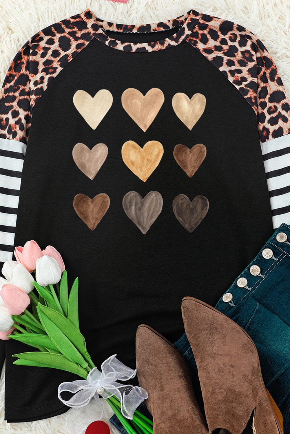 Heart Print Black Leopard Striped Top