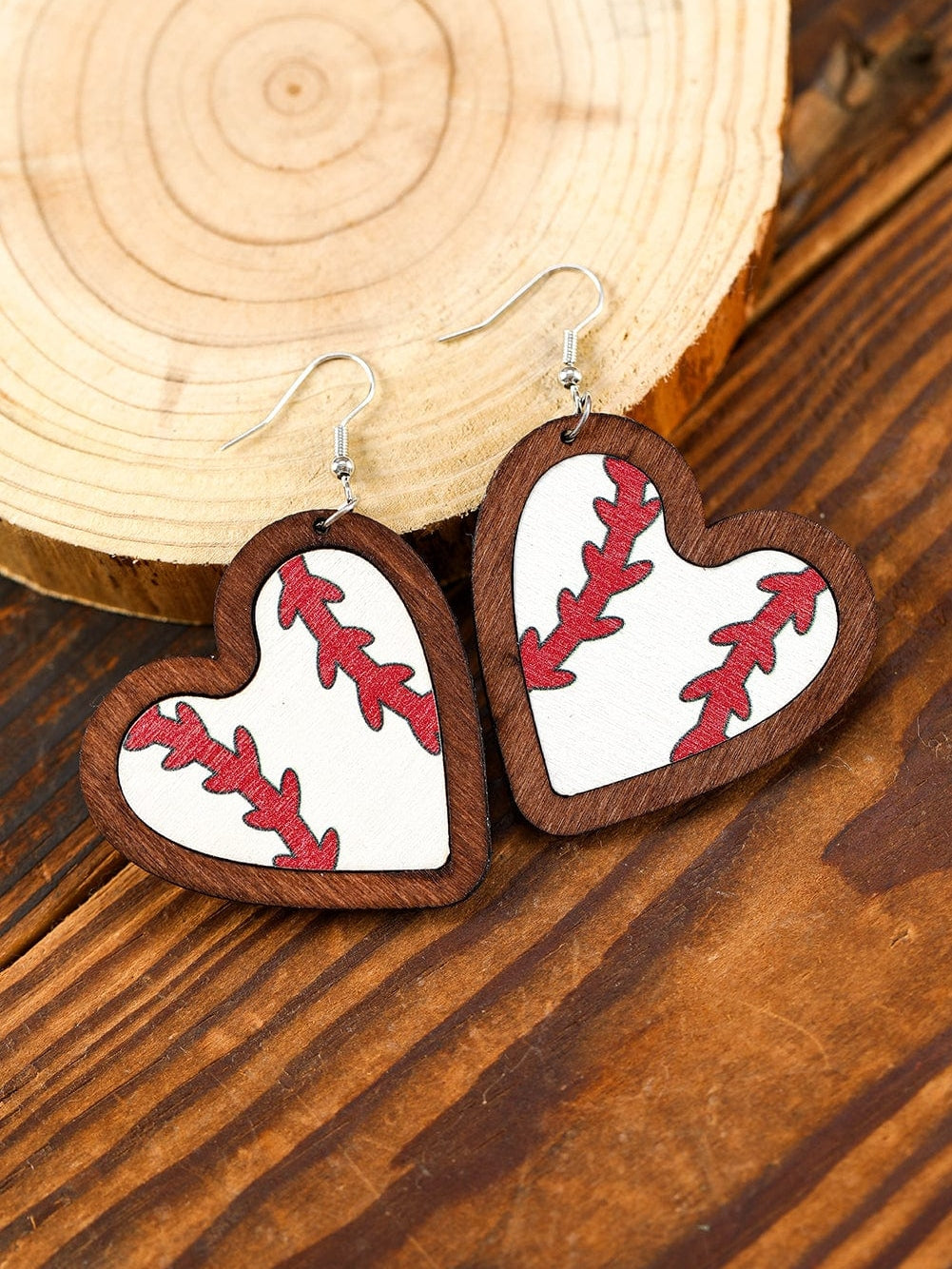 Heart Shaped Baseball Lover's Wooden Earrings