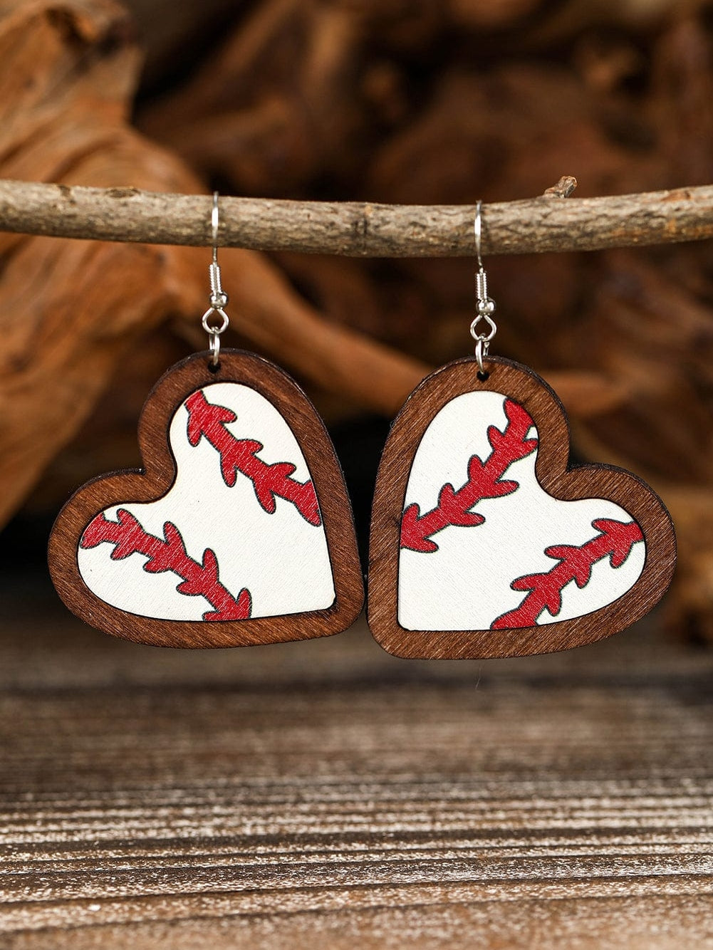Heart Shaped Baseball Lover's Wooden Earrings