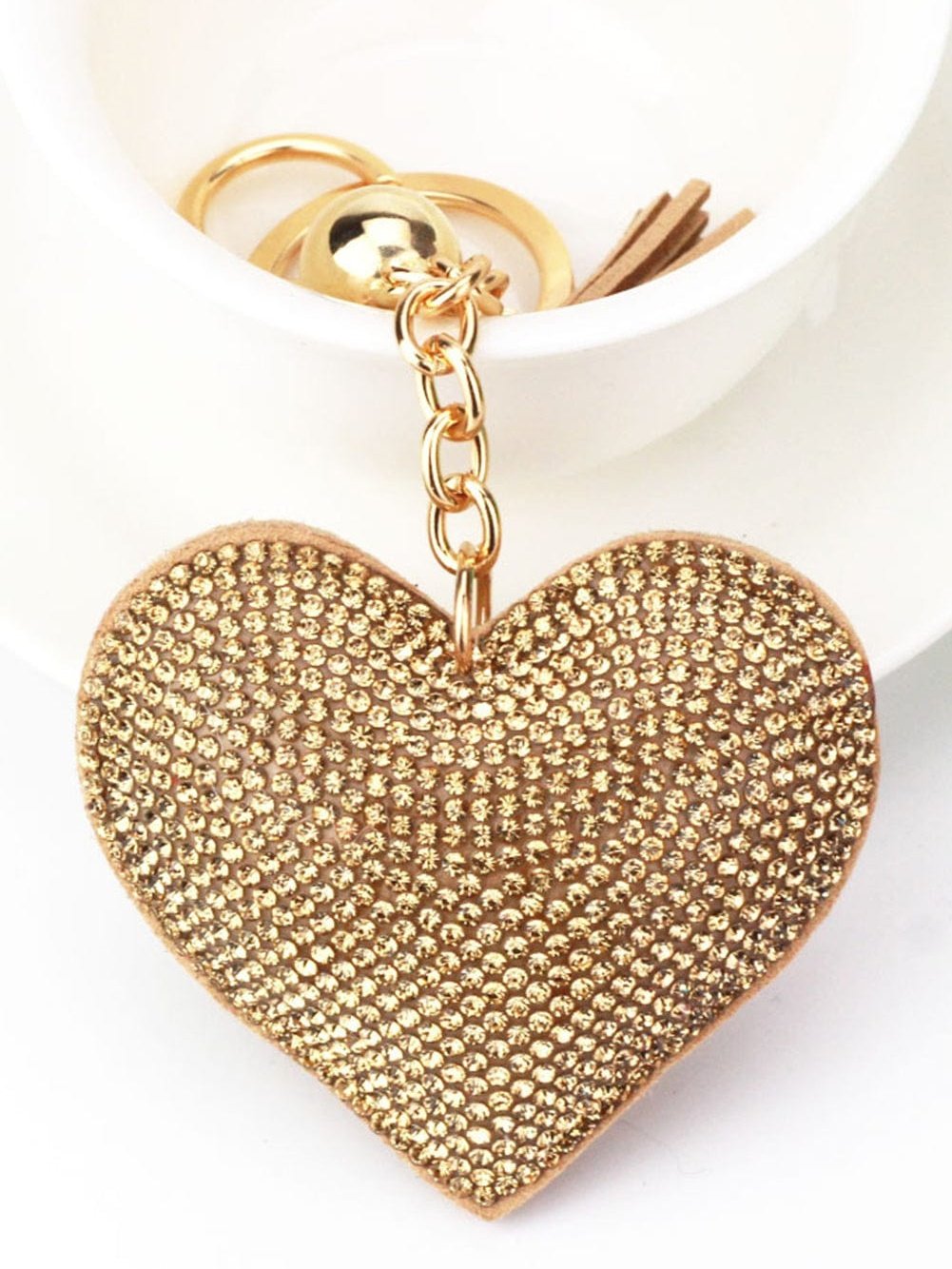 Heart-Shaped Rhinestone Tassel Keychain with Gold Finish