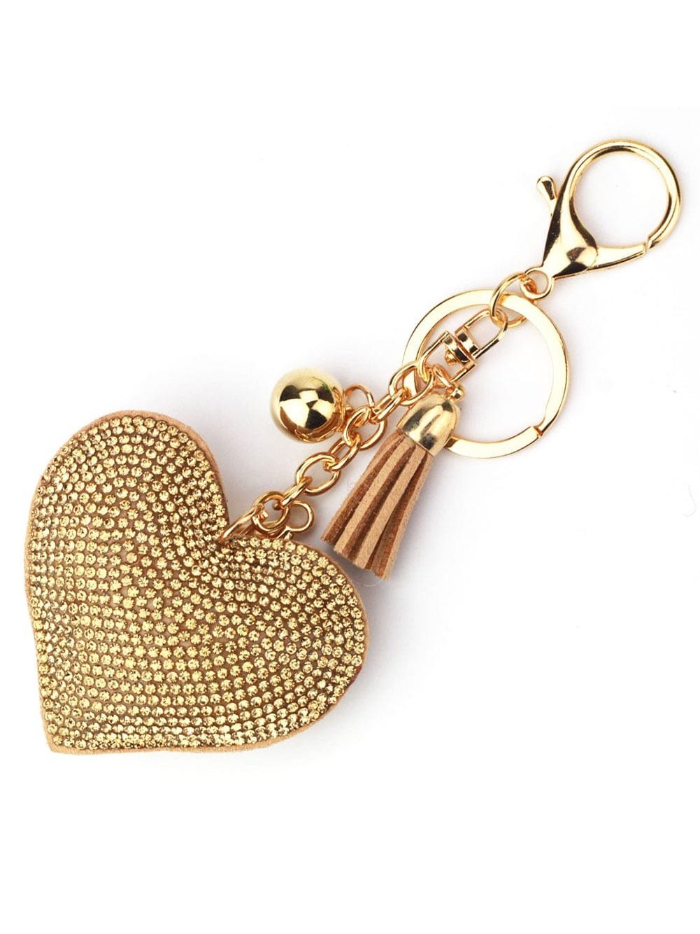 Heart-Shaped Rhinestone Tassel Keychain with Gold Finish
