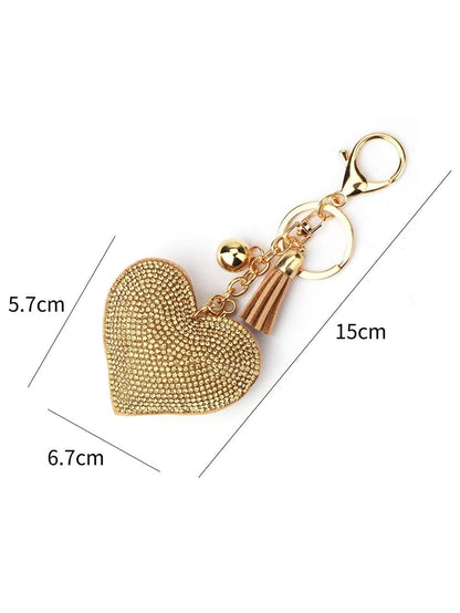 Heart-Shaped Rhinestone Tassel Keychain with Gold Finish