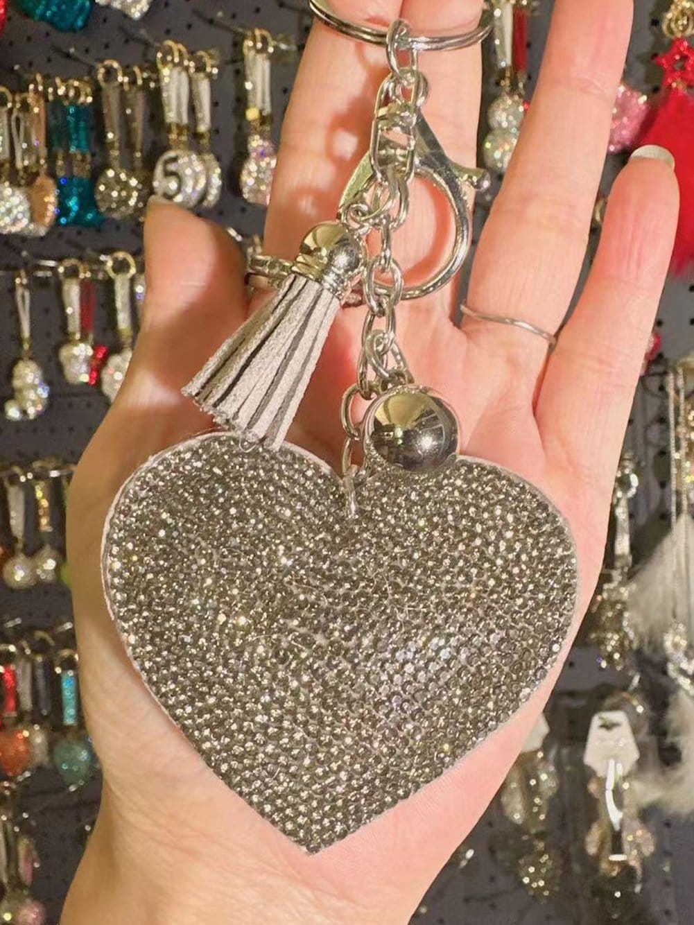 Heart-Shaped Rhinestone Tassel Keychain with Gold Finish