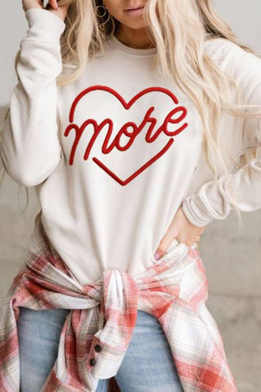 Heartfelt Beige Embroidered Crewneck Sweatshirt For Valentine's Day