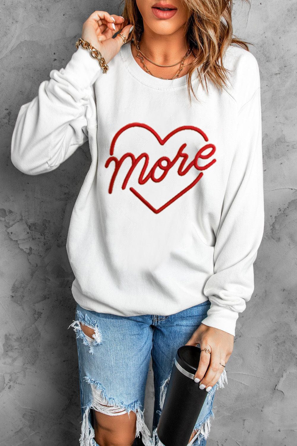 Heartfelt Beige Embroidered Crewneck Sweatshirt For Valentine's Day