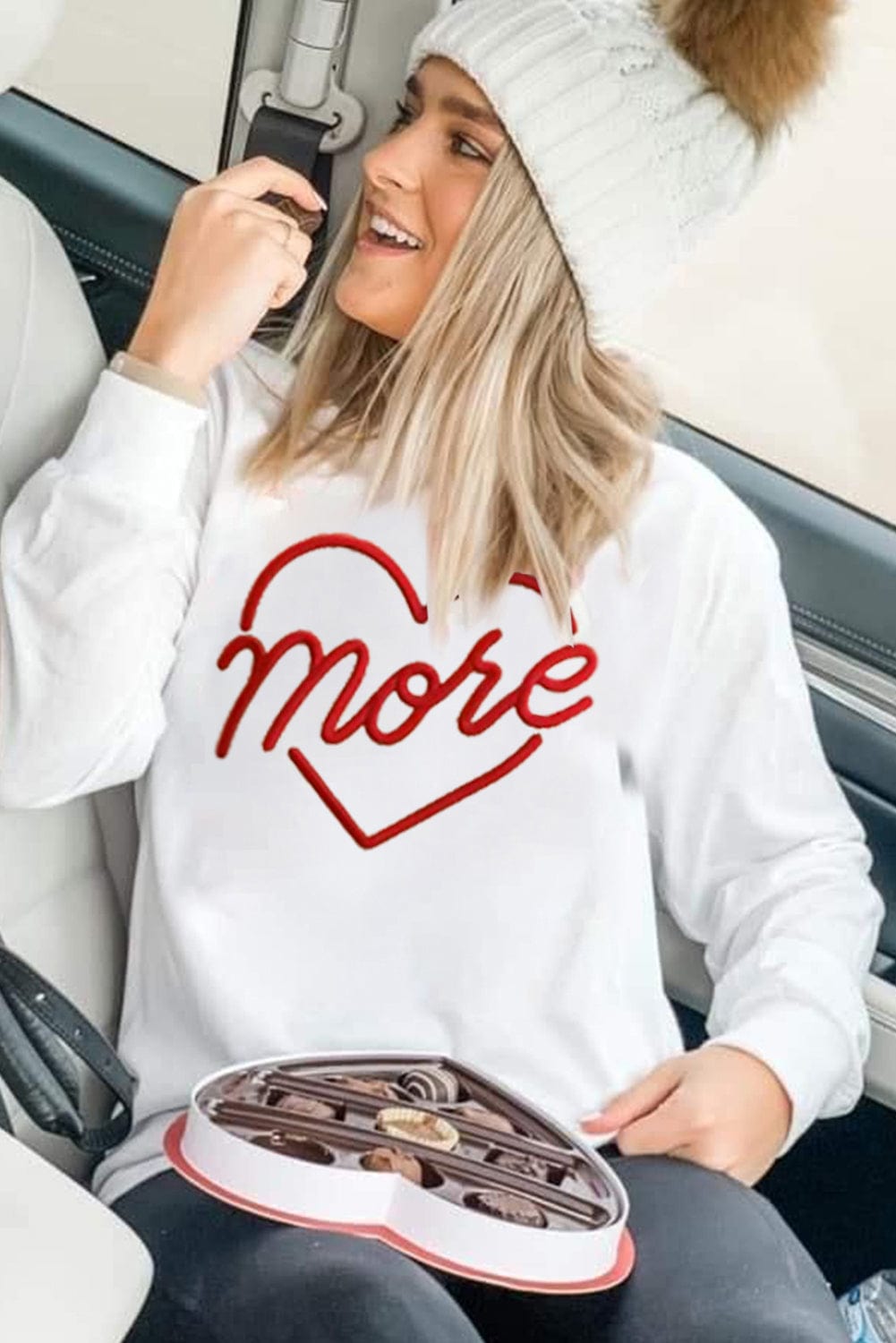 Heartfelt Beige Embroidered Crewneck Sweatshirt For Valentine's Day