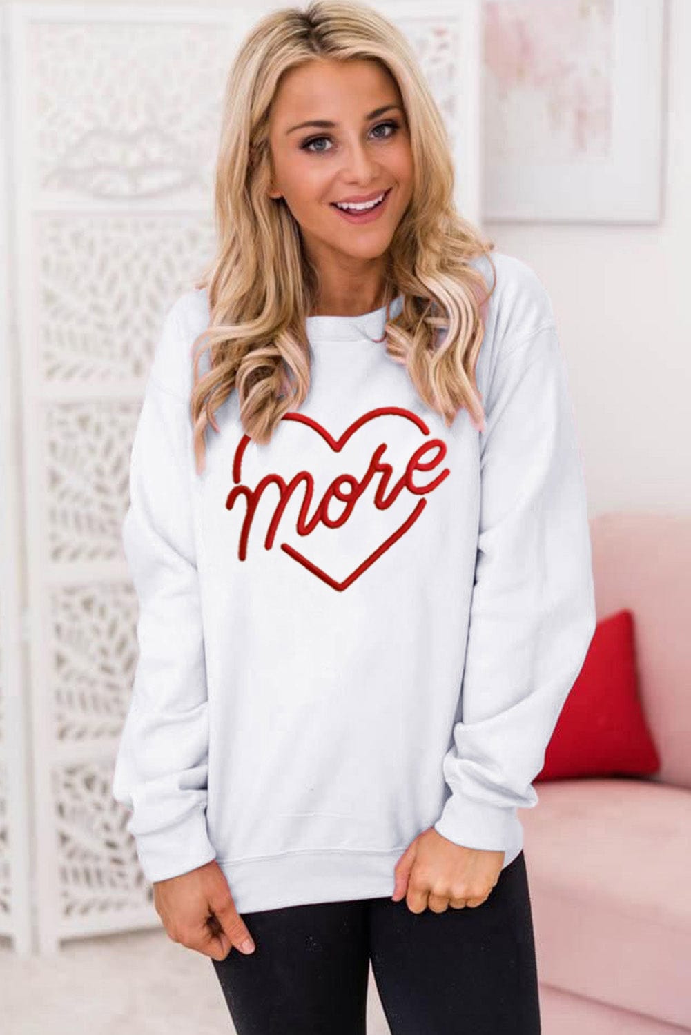 Heartfelt Beige Embroidered Crewneck Sweatshirt For Valentine's Day