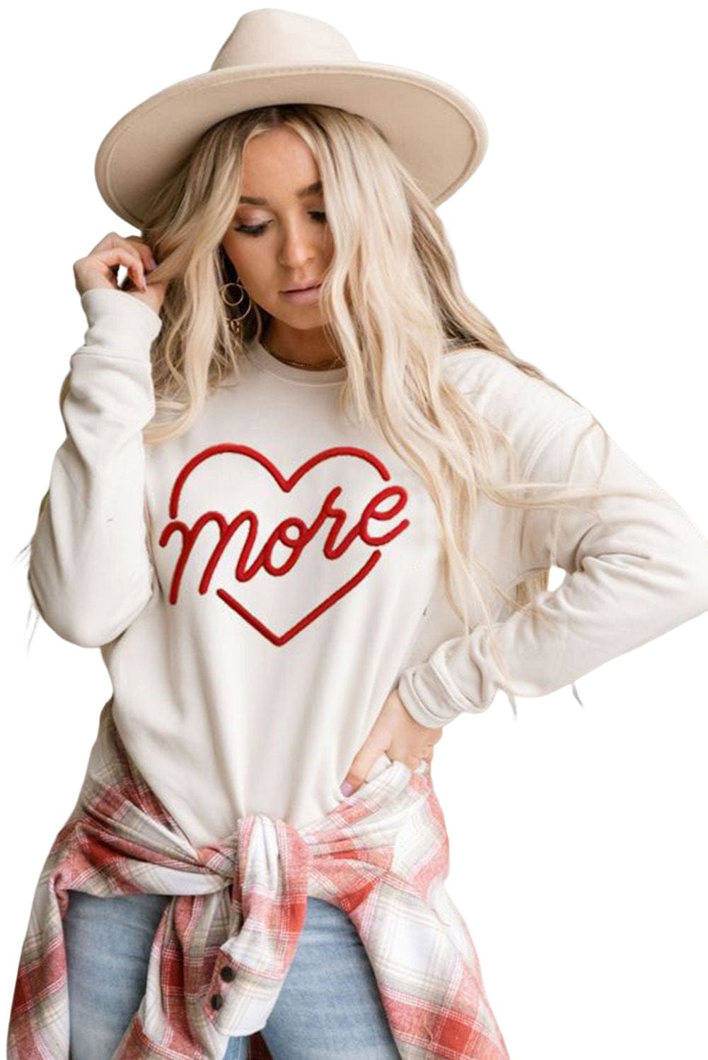 Heartfelt Beige Embroidered Crewneck Sweatshirt For Valentine's Day