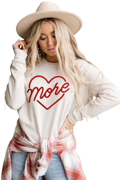 Heartfelt Beige Embroidered Crewneck Sweatshirt For Valentine's Day