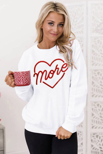 Heartfelt Beige Embroidered Crewneck Sweatshirt For Valentine's Day