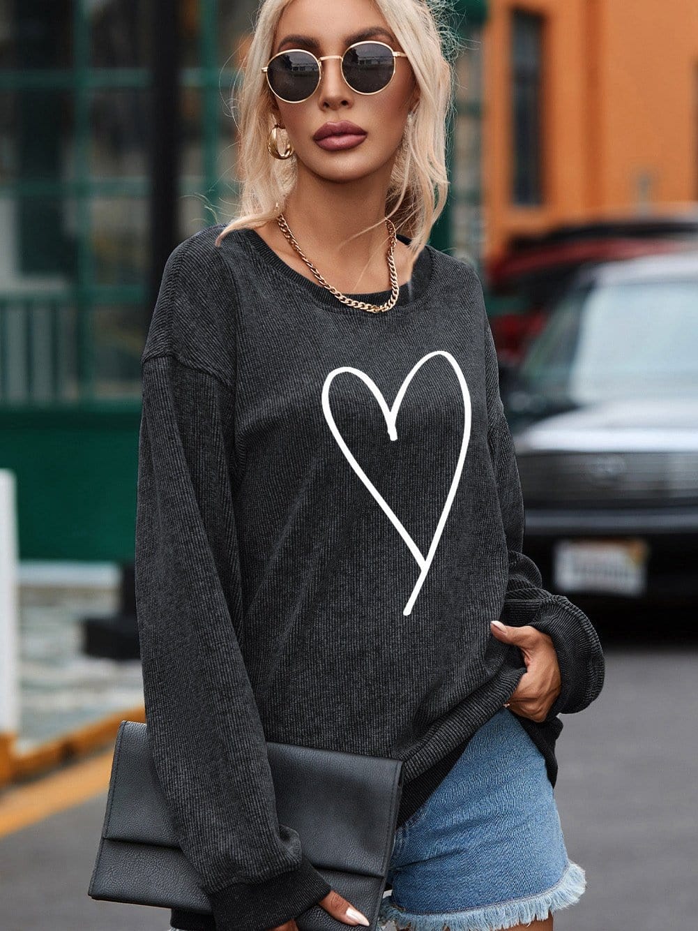 Heartfelt Black Corduroy Oversized Valentine's Sweatshirt