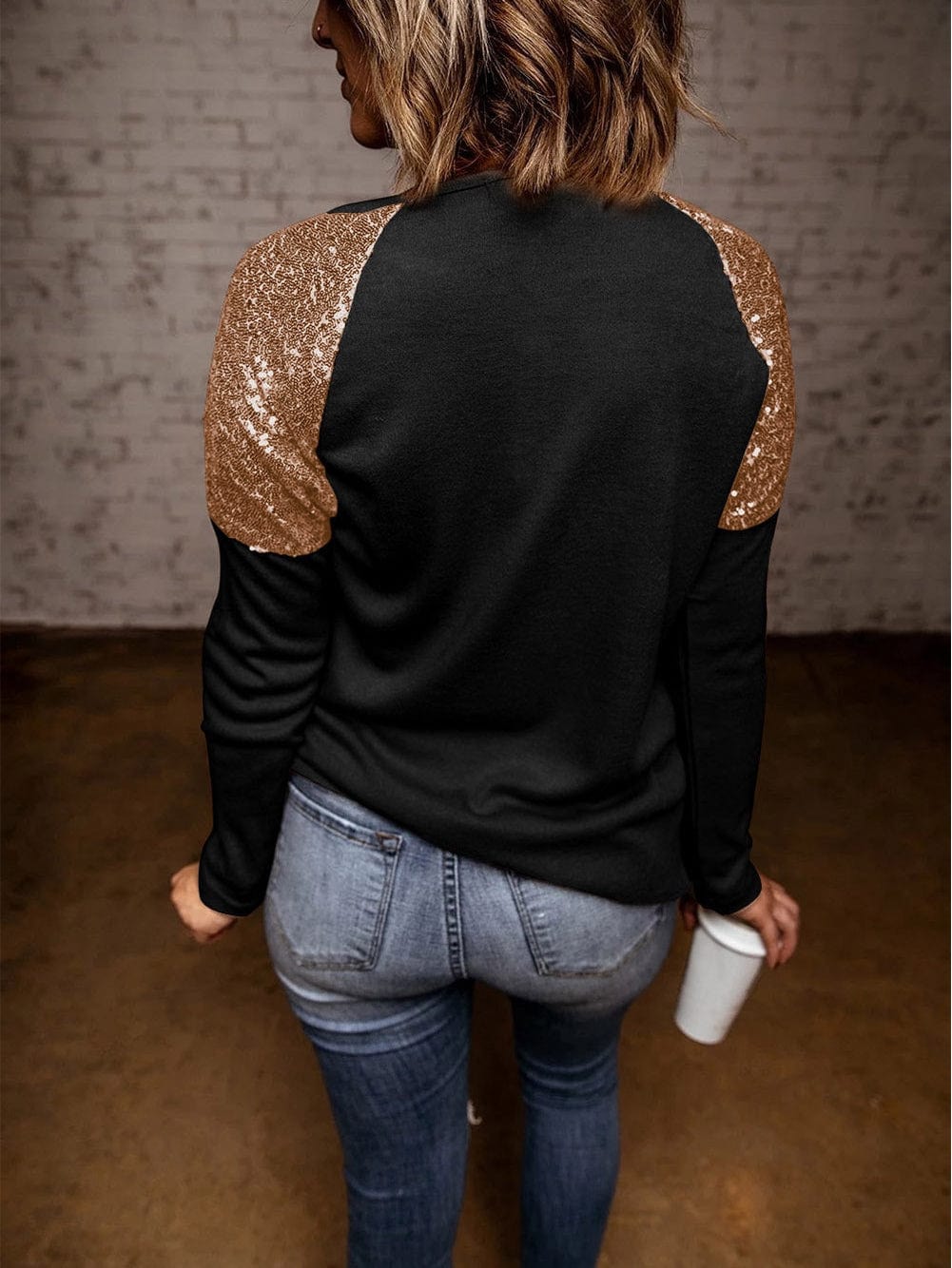 Heartfelt Black Plaid Sequin Patchwork Long Sleeve Top