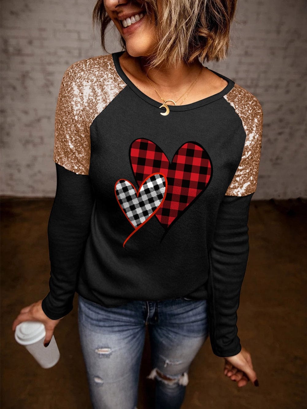 Heartfelt Black Plaid Sequin Patchwork Long Sleeve Top