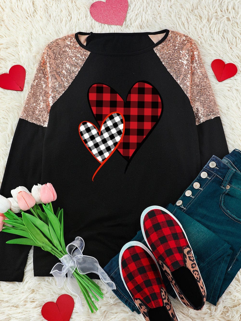 Heartfelt Black Plaid Sequin Patchwork Long Sleeve Top